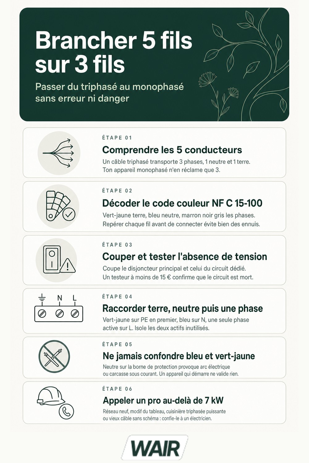 Infographie : brancher 5 fils sur 3 fils