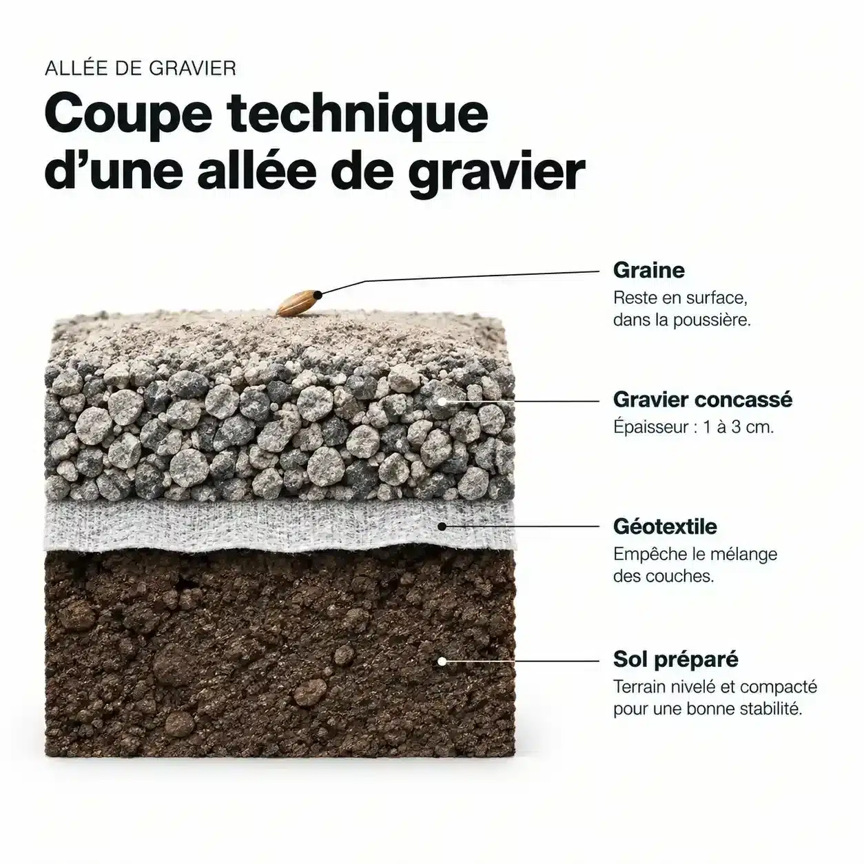 Schéma en coupe pour désherber une allée de gravier durablement avec un géotextile sous le gravier