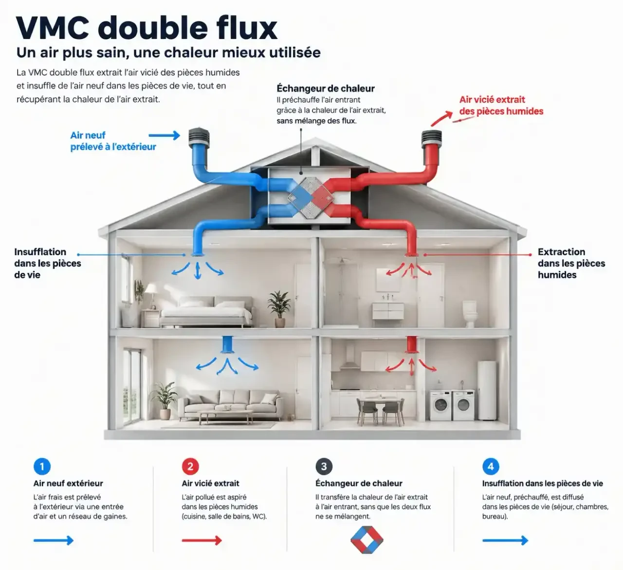Schéma du fonctionnement d'une VMC double flux, à connaître avant de choisir un installateur VMC double flux